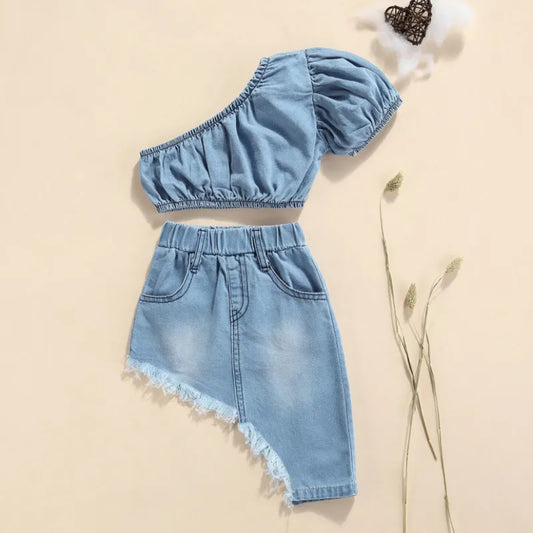 CITSLX Girls Denim Clothes Set, Solid Color Short Sleeve Off-shoulder Cropped Tops + Irregular Hem Skirt