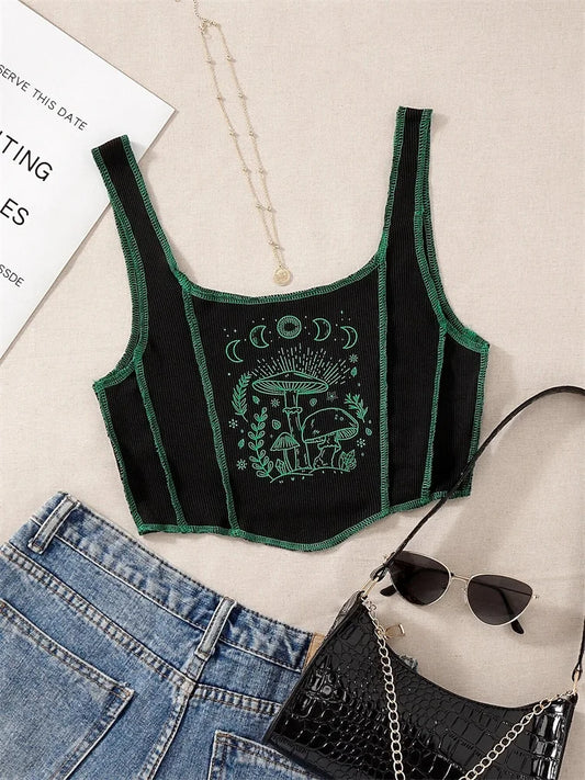 CITSLX Gothic Grunge Print Crop Tank Top for Women Summer Sleeveless Topstitching Patchwork Asymmetrical Cute Baby Tee Y2K Shirts