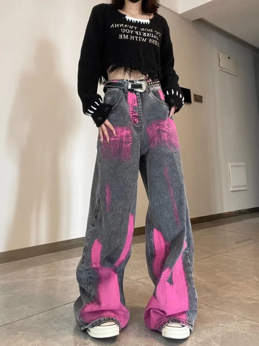 CITSLX Graffiti Fashion Design Wide Leg Pants Women High Street Vintage Woman Trousers Spring Trendy Hip-hop Jeans for Women