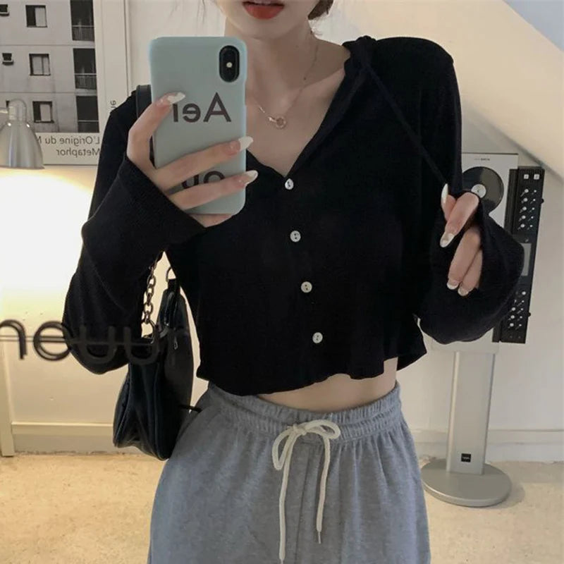 CITSLX Gray Thin Hooded Knitted Cardigan Women Streetwear Single Breasted Y2K Crop Tops Woman Autumn Casual Long Sleeve Knitwear Coat