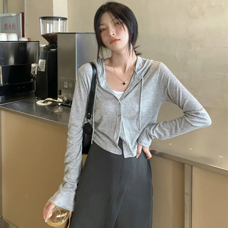 CITSLX Gray Thin Hooded Knitted Cardigan Women Streetwear Single Breasted Y2K Crop Tops Woman Autumn Casual Long Sleeve Knitwear Coat