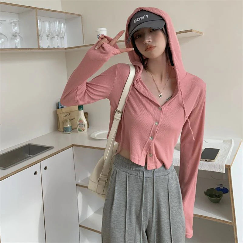 CITSLX Gray Thin Hooded Knitted Cardigan Women Streetwear Single Breasted Y2K Crop Tops Woman Autumn Casual Long Sleeve Knitwear Coat