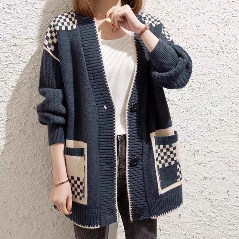 CITSLX HELIAR Women V-Neck Buttons Up Cardigan Sweater Plaid Patchwork Coat With Pockets Long Sleeve Office Casual Sweater Fall Winter