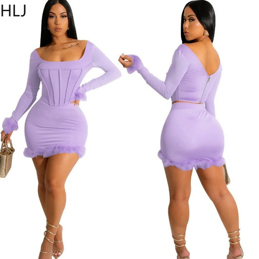 CITSLX HLJ Fashion Hot Girl Bodycon Feather Splicing Mini Skirts Two Piece Sets Women Long Sleeve Corset Top And Skirt Nightclub Outfit