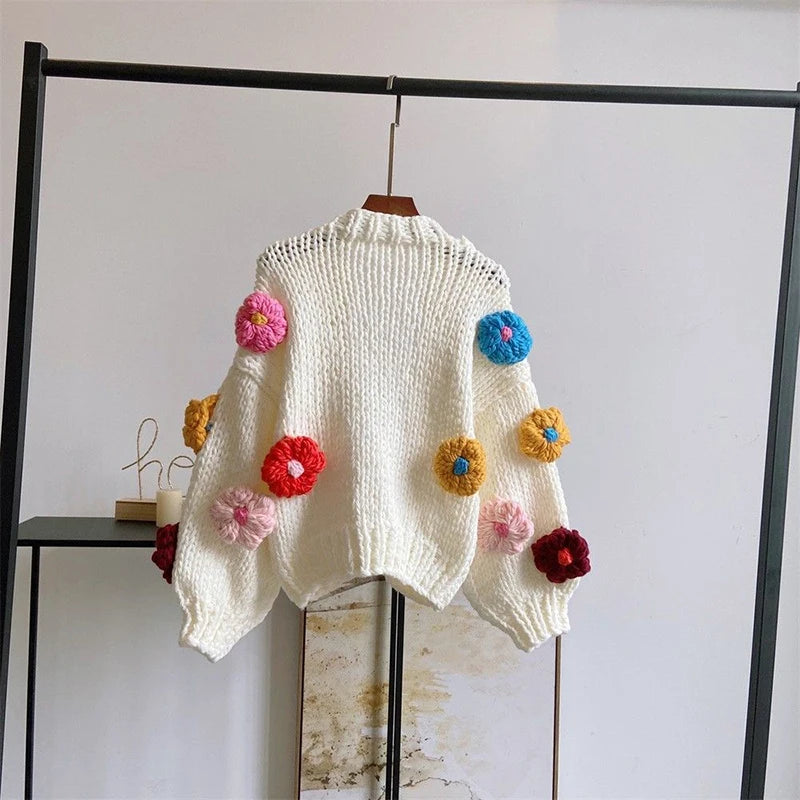 CITSLX Harajuku Flower Knitted Cardigan Women Sweet Cute Cropped Sweater Coat Y2K Streetwear Floral Knitwear Winter Korean Jumpers Tops