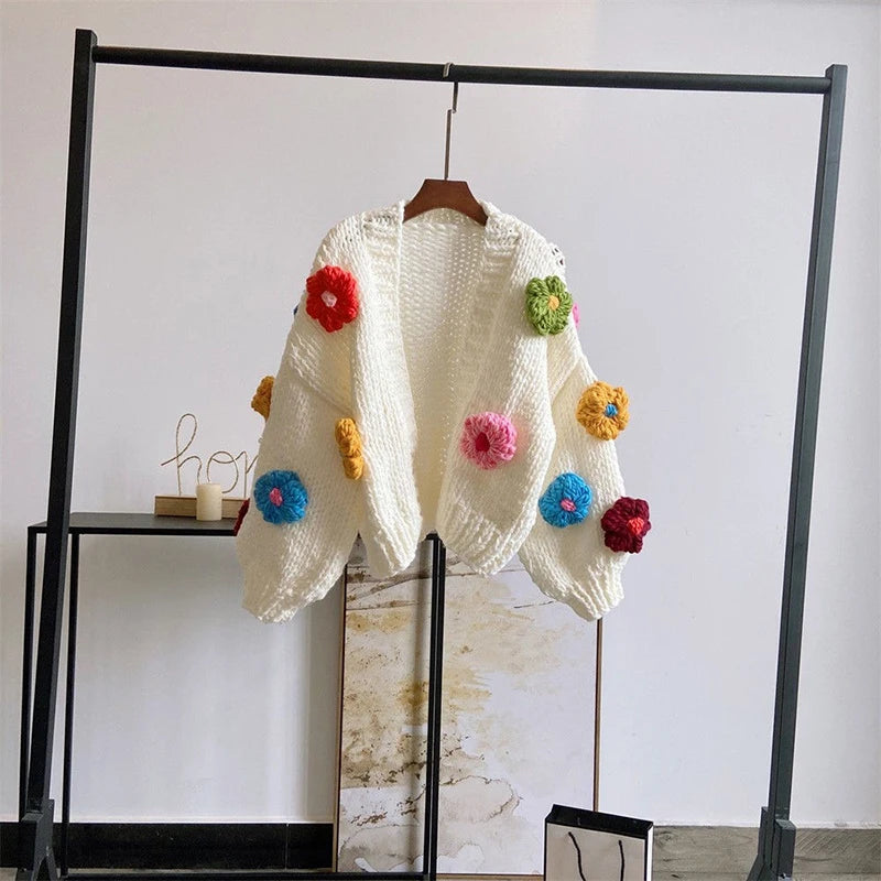 CITSLX Harajuku Flower Knitted Cardigan Women Sweet Cute Cropped Sweater Coat Y2K Streetwear Floral Knitwear Winter Korean Jumpers Tops