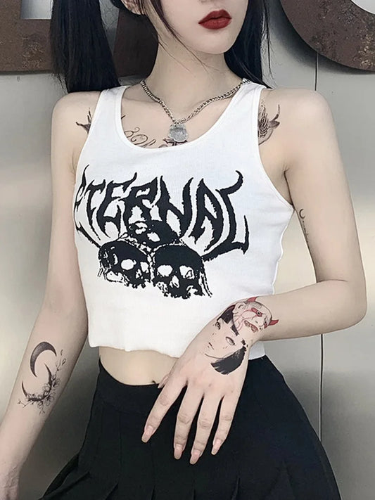 CITSLX Harajuku Punk Goth Sexy Crop Tops Women's Summer Mujer 90s Grunge Graphic Skull Print Tops Fashion Sleeveless Slim Vest Tank Top