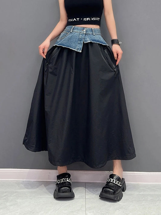 CITSLX High Elastic Waist Green Denim Irregular Casual A-line Half-body Skirt Women Fashion Tide New Spring Autumn 2024