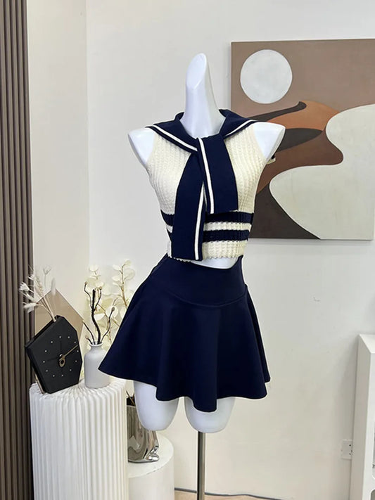 CITSLX High Street Fashion 2 Piece Skirt Set Gyaru Sailor Collar Striped Shirts Sleeveless Cozy + Navy High Waist A-Line Skirt Elegant