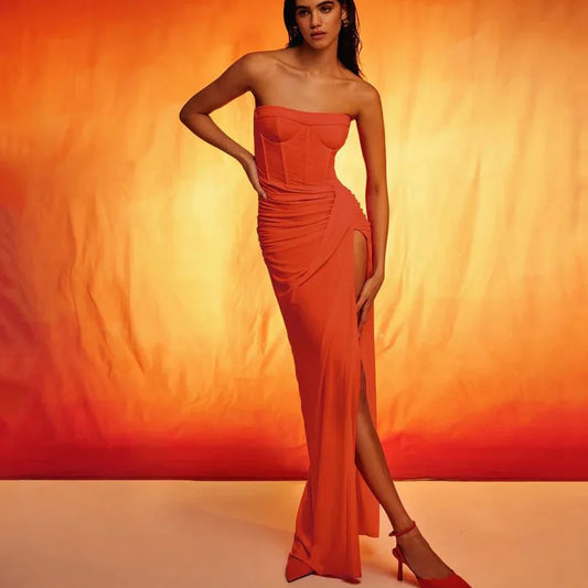 CITSLX High end fashionable solid color backless strapless sexy slit evening dress long skirt