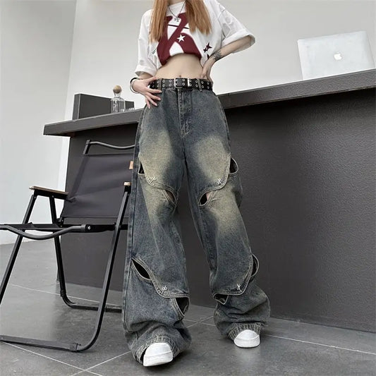 CITSLX Hip Hop American Men and Women Trendy Summer Personalized Hollow Straight Leg Wide Leg Jeans Street Retro Loose Casual Pants