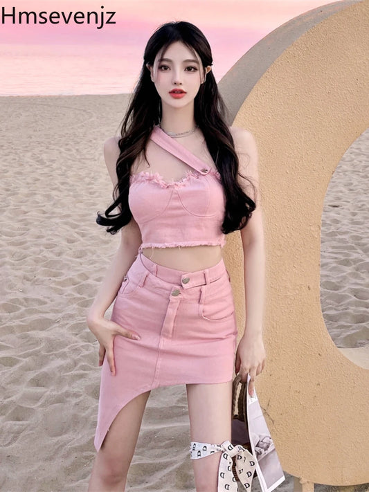 CITSLX Hmsevenjz Sweet Hot Gilr Two-Piece Set Suit Women 2024 Summer New Fashion Pink Denim Tube Top Slender Skirt Asymmetrical Suits