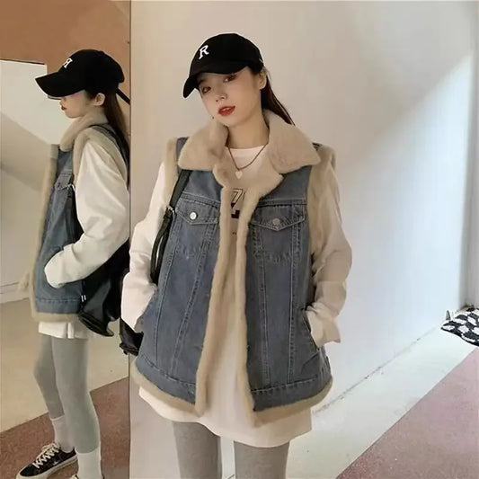 CITSLX Hot Loose Lady Denim Giletes Velvet and Thickening Women's Vests Warm Working Classic Sleeveless Korean Style Cold Coats on Sale