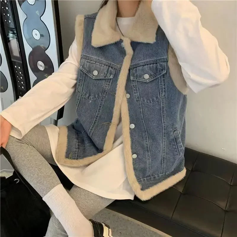 CITSLX Hot Loose Lady Denim Giletes Velvet and Thickening Women's Vests Warm Working Classic Sleeveless Korean Style Cold Coats on Sale