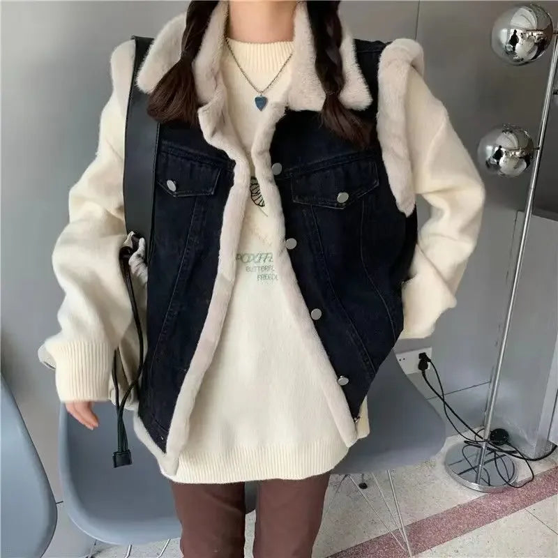 CITSLX Hot Loose Lady Denim Giletes Velvet and Thickening Women's Vests Warm Working Classic Sleeveless Korean Style Cold Coats on Sale