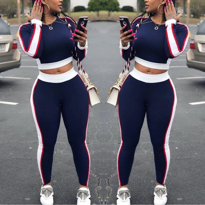 CITSLX Hot Sale Autumn Spring Women Two Pieces Casual Tracksuit Side-striped Crop Tops Ankle-length Pants Sportwear Set NEW S-XL