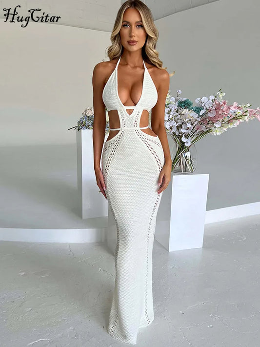 CITSLX Hugcitar Crochet Halter Sleeveless Backless Solid Hollow Out Bandage Sexy Slim Maxi Prom Dress 2024 Winter Festival Party Outfit