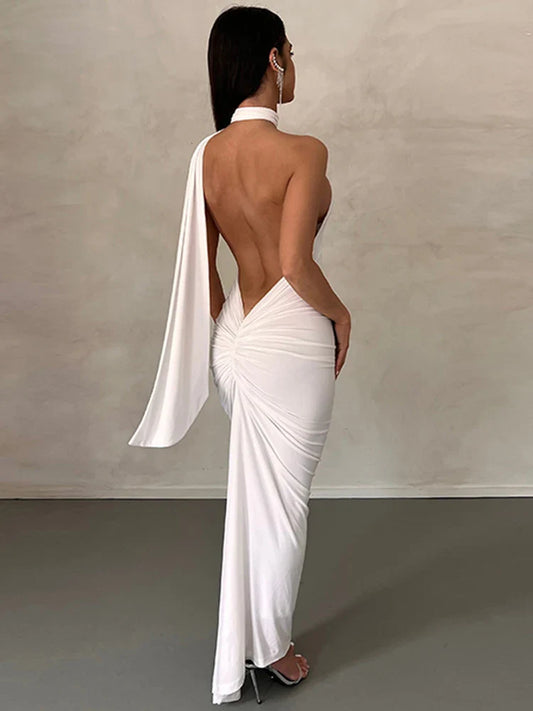 CITSLX Hugcitar Halter One Shoulder Backless Solid Draped Elegant Sexy Maxi Prom Dress 2024 Summer Women Slim Outfit Birthday Party Y2K