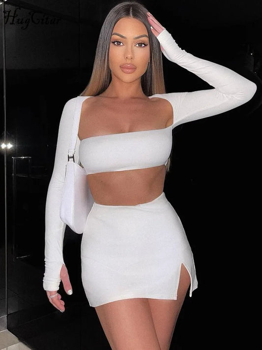 CITSLX Hugcitar Women New 2 Pcs Set Solid Long Sleeves Square Neck Backless Bandage Crop Top Slit Skirt Summer Rave Festival Outfit