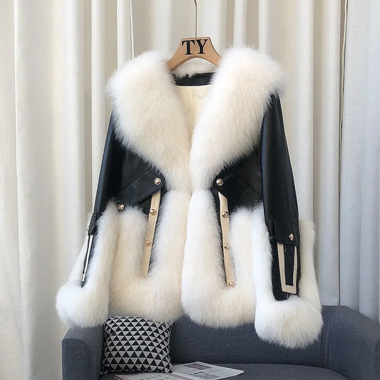 CITSLX Imitation Fox Fur Women's Color Blocked Fur Coat  Winter 2024 Short Style Contrasting Fur Integrated Warm Coat