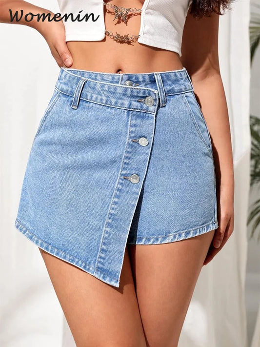 CITSLX Irregular Denim Shorts Skirt Women High Waist Button Pocket Mini Skirts Spring Summer Casual Solid Female Short Pants New