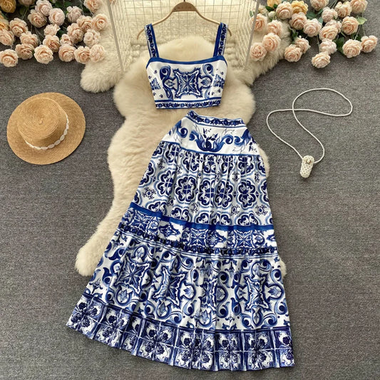 CITSLX JAMERARY Summer Runway Blue And White Porcelain Two Piece Set Women Flower Print Short Crop Top + Holiday Beach Maxi Skirt Suits