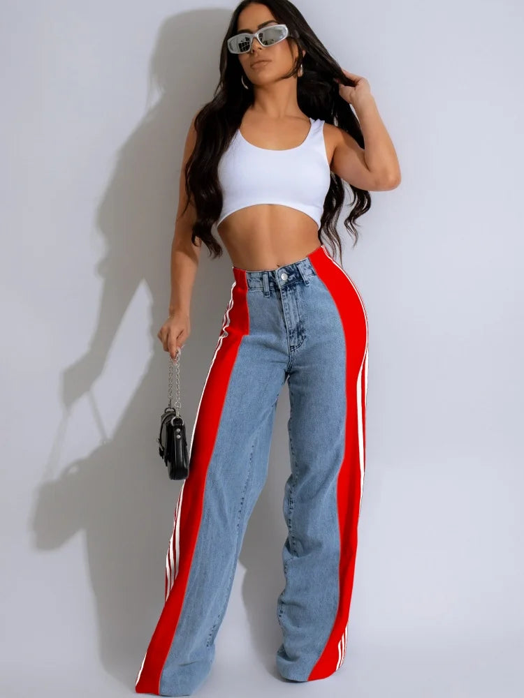 CITSLX JRRY Casual Women Striped Denim Pants Buttons Pockets Long Loose Three Stripes Jeans High Street Outdoor Denim Capris Trousers