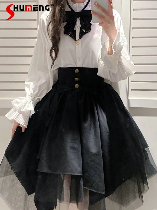 CITSLX Japanese Style Cute Girl Outfits Autumn Clothing Women's Bow Tie Shirt Gothic Style Irregular Mesh SK Black Mid-Length Skirts