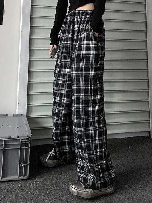 CITSLX Jmprs Oversize Women Sweatpants Summer Fashion Black Plaid Casual Pants Elastic Waist Casual Pockets Student Trousers