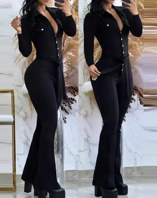 CITSLX Jumpsuit Women 2024 Spring Fashion Buttoned Tied Detail Turn-Down Collar Plain Long Sleeves Skinny Daily Long Flared Jumpsuit