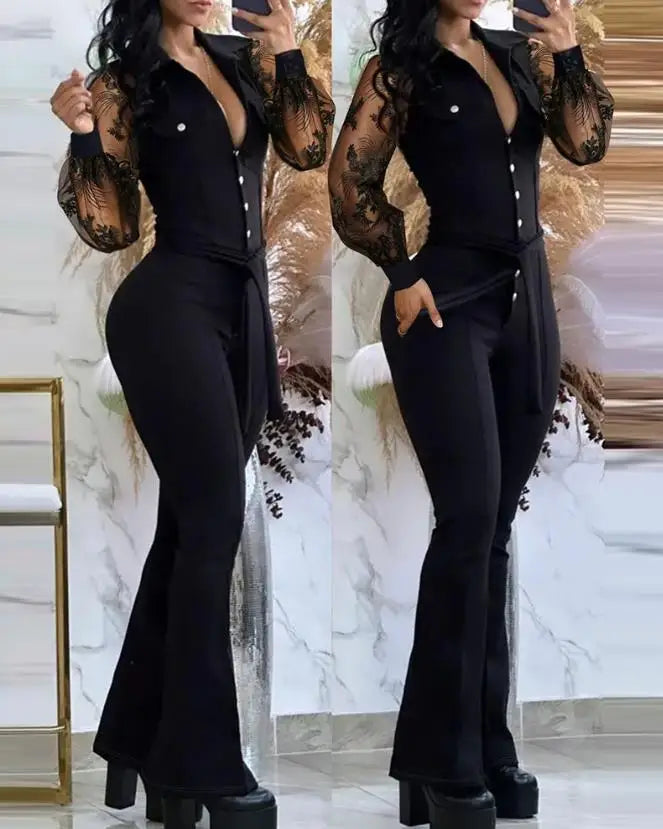 CITSLX Jumpsuit Women 2024 Spring Fashion Buttoned Tied Detail Turn-Down Collar Plain Long Sleeves Skinny Daily Long Flared Jumpsuit