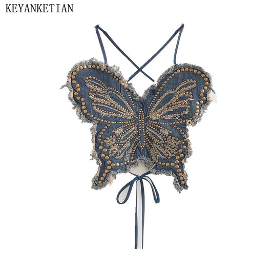 CITSLX KEYANKETIAN New Women's rivet Rough Decoration Butterfly Corset Y2K Spicy Girl Spaghetti Strap Backless Denim Vest Sexy Camisole