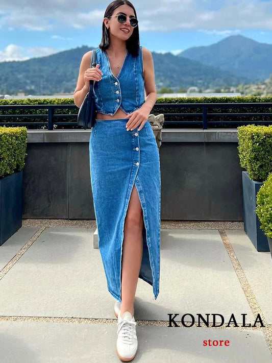 CITSLX KONDALA Casual Vintage Solid Denim Women Suit Single Breasted Sleeveless Vest Long Straight Split Skirt Fashion 2024 Summer Sets