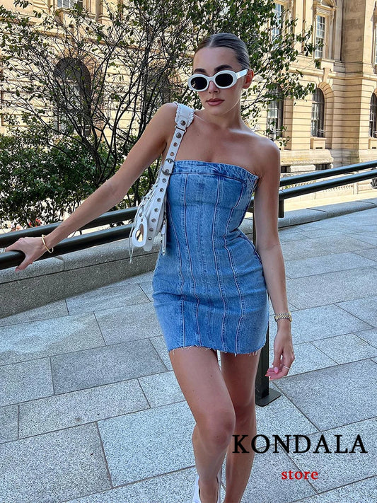 CITSLX KONDALA Sexy Blue Denim Sheath Mini Party Dress Women Y2K Street Style Jeans Tube Backless Bodycon Dress Fashion 2024 Vestidos