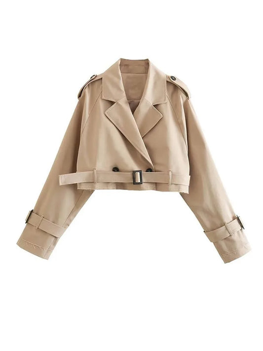 CITSLX Khaki Cropped Trench Women Long Sleeves Cropped Design Jacket Chic Lady High Street Casual Loose Coats Top Female 2024 New