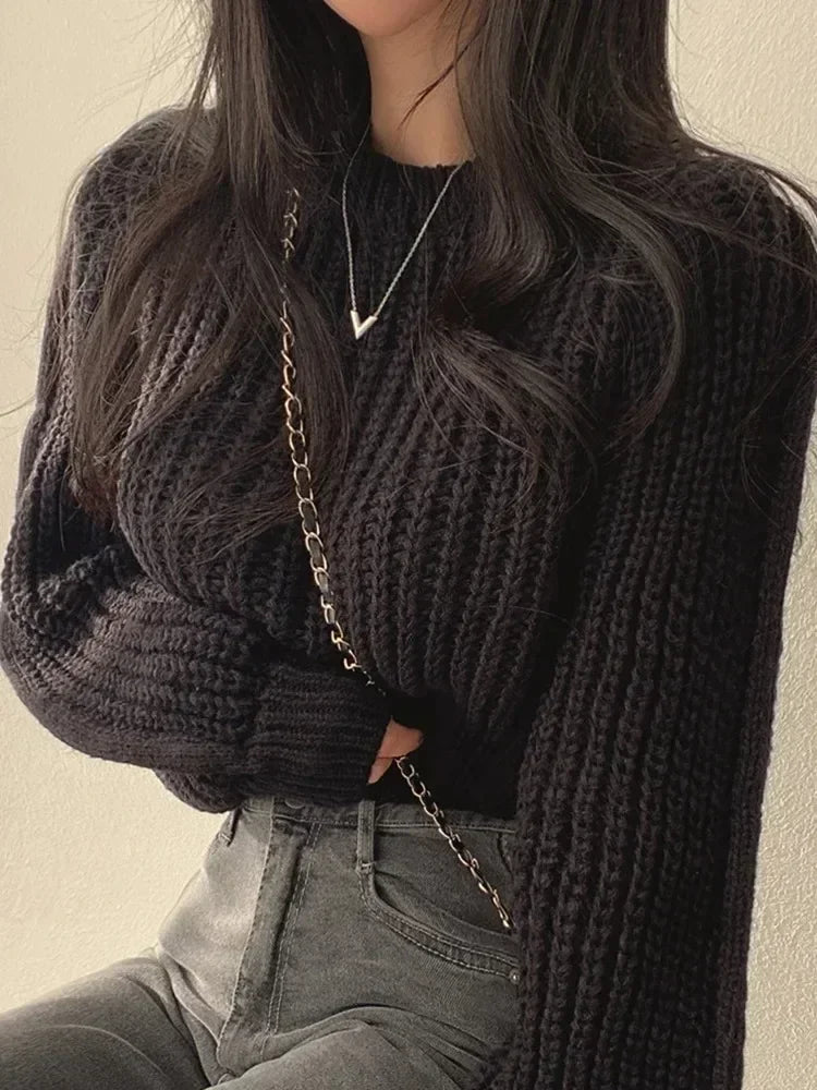 CITSLX Knitted Sweater Pullovers New Design Cute Sweet Japan Girls Solid O Neck Short Crop Knit Tops 4 Colors 2024 Winter Autumn