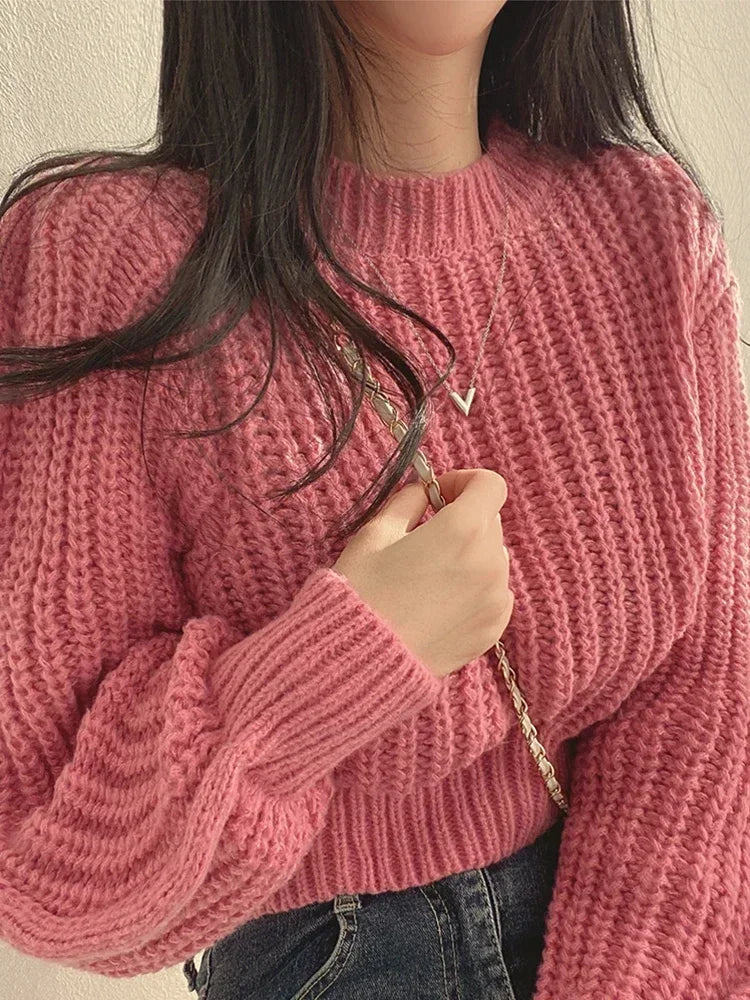 CITSLX Knitted Sweater Pullovers New Design Cute Sweet Japan Girls Solid O Neck Short Crop Knit Tops 4 Colors 2024 Winter Autumn