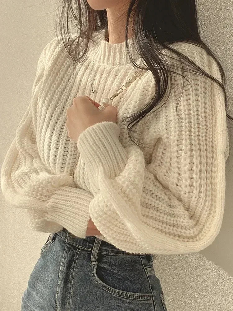 CITSLX Knitted Sweater Pullovers New Design Cute Sweet Japan Girls Solid O Neck Short Crop Knit Tops 4 Colors 2024 Winter Autumn