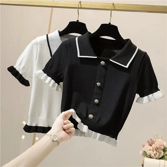 CITSLX Knitting Button Short Tops Tees Patchwork Y2k Shirt Clothing Women Pullovers Jumper Striped Sweater Fungus Blouse For Girls