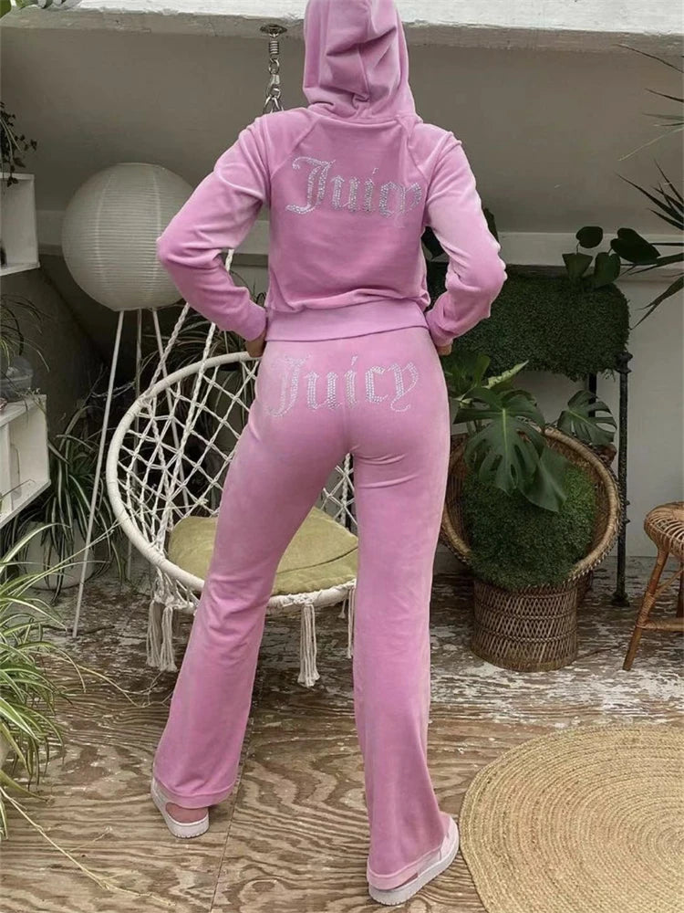 CITSLX Kontturi Fall Streetwear Pink Tracksuit Diamond 2 Piece Sets Women Outfit Long Sleeve Cropped Hoodies Black Pants Matching Sets