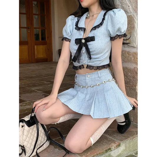 CITSLX Korea Summer Sweet Two Piece Mini Skirts Sets Kawaii Lolita Peter Pan Collar Bow Crop Top + Mini Skirt Suit Blue Outfit Outwear