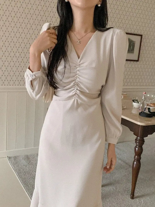 CITSLX Korea chic elegant V-neck pleated waist bubble sleeve long dresses women Muslim Modest Fashion Maxi Dress