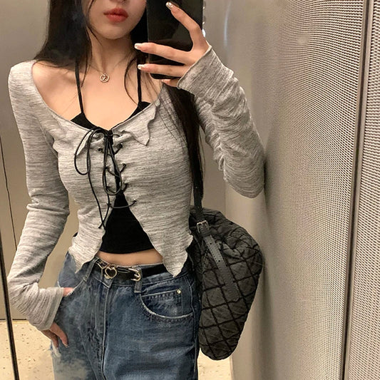 CITSLX Korean Bandage Two-piece Cardigan Camis Set Women High Street Long Sleeve Gray V-neck Slim Thin Shirts Fashion Harajuku Y2K Tops