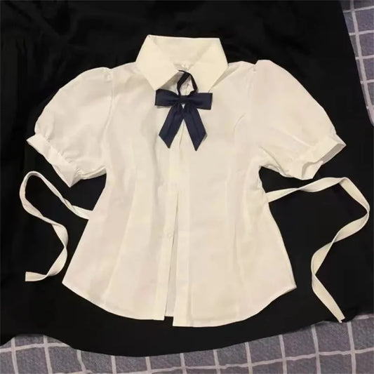 CITSLX Korean Fashion 2024 New Spring/Summer Sexy Girl Short Sleeve Preppy Style Slim JK Bandage Shirt Women's Bow Tie Neck Blouse Top