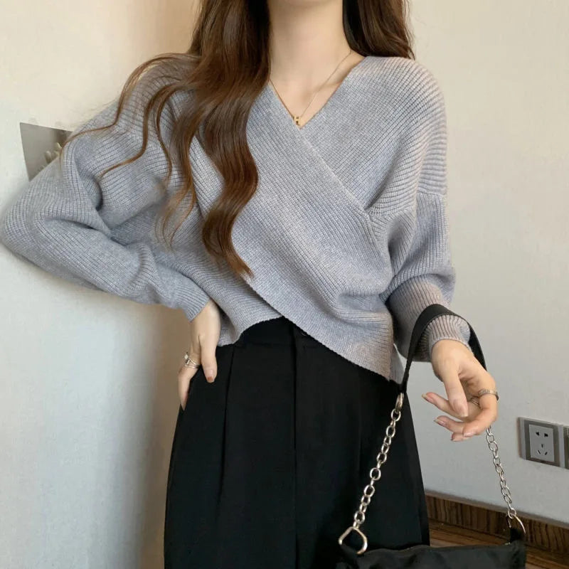 CITSLX Korean Fashion Cross Knitted Sweater Women Autumn Spring Solid V Neck Long Sleeve Pullovers Crop Tops Streetwear Elegant Jumper