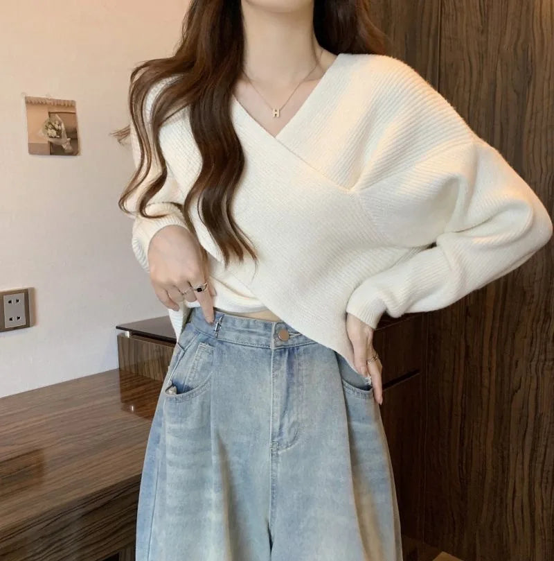 CITSLX Korean Fashion Cross Knitted Sweater Women Autumn Spring Solid V Neck Long Sleeve Pullovers Crop Tops Streetwear Elegant Jumper