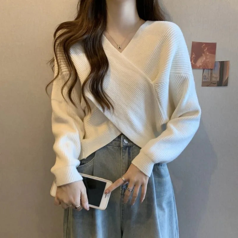 CITSLX Korean Fashion Cross Knitted Sweater Women Autumn Spring Solid V Neck Long Sleeve Pullovers Crop Tops Streetwear Elegant Jumper