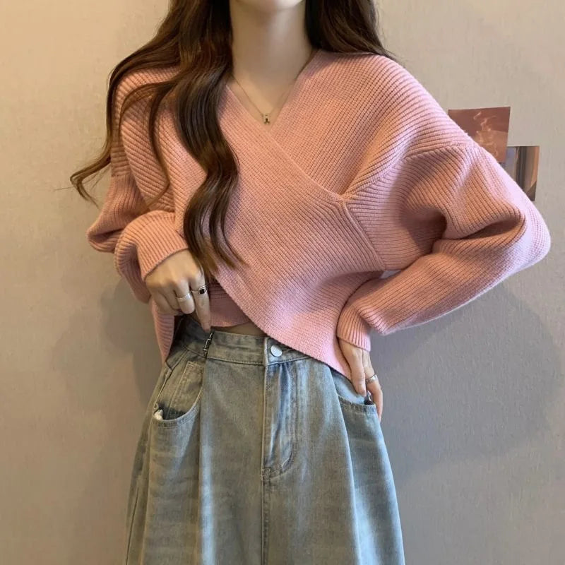 CITSLX Korean Fashion Cross Knitted Sweater Women Autumn Spring Solid V Neck Long Sleeve Pullovers Crop Tops Streetwear Elegant Jumper