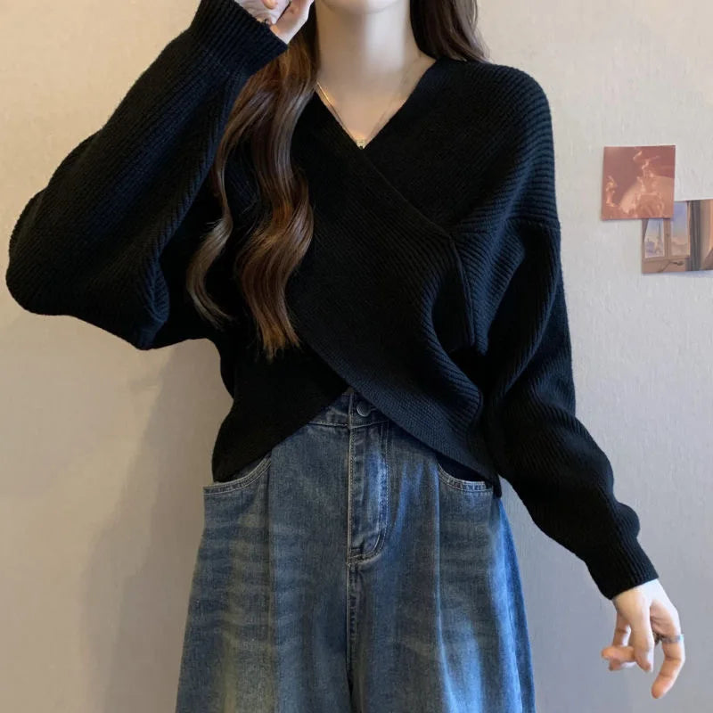 CITSLX Korean Fashion Cross Knitted Sweater Women Autumn Spring Solid V Neck Long Sleeve Pullovers Crop Tops Streetwear Elegant Jumper