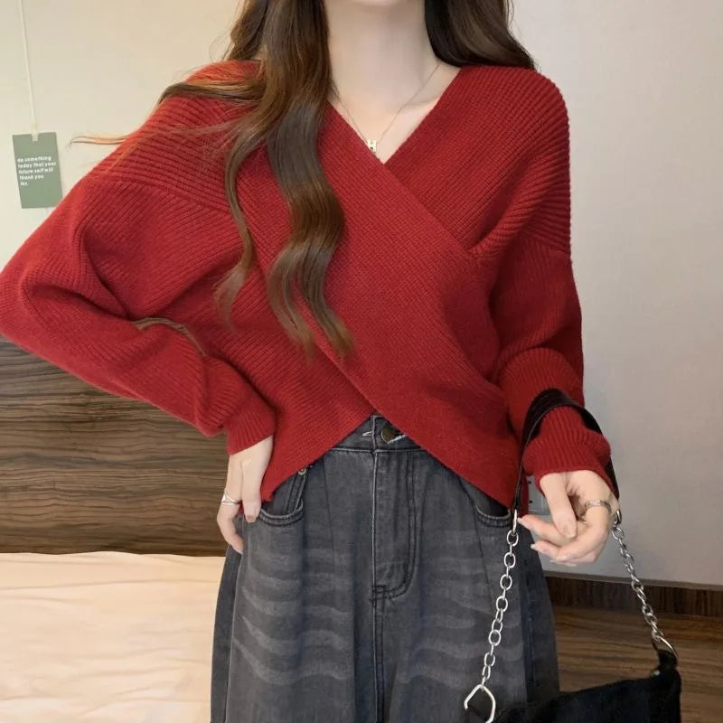 CITSLX Korean Fashion Cross Knitted Sweater Women Autumn Spring Solid V Neck Long Sleeve Pullovers Crop Tops Streetwear Elegant Jumper